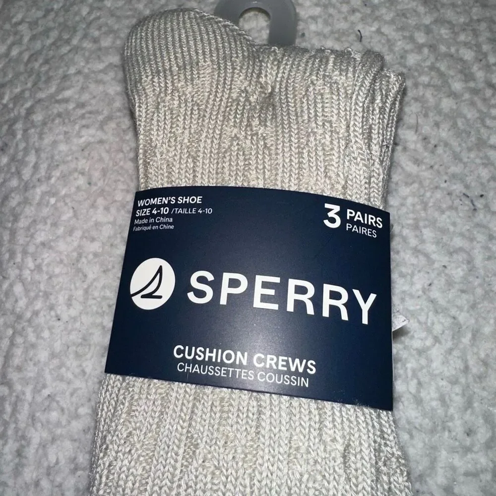 Sperry Women’s Cushion Crew Socks Pack of 3 Cable Knit Tan Navy Blue Pink NWT